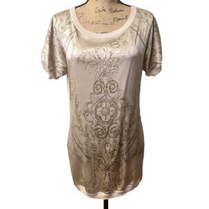 Etcetera Women's Beige Brown Baroque Medallion Print Short Sleeve Tunic Blouse M
